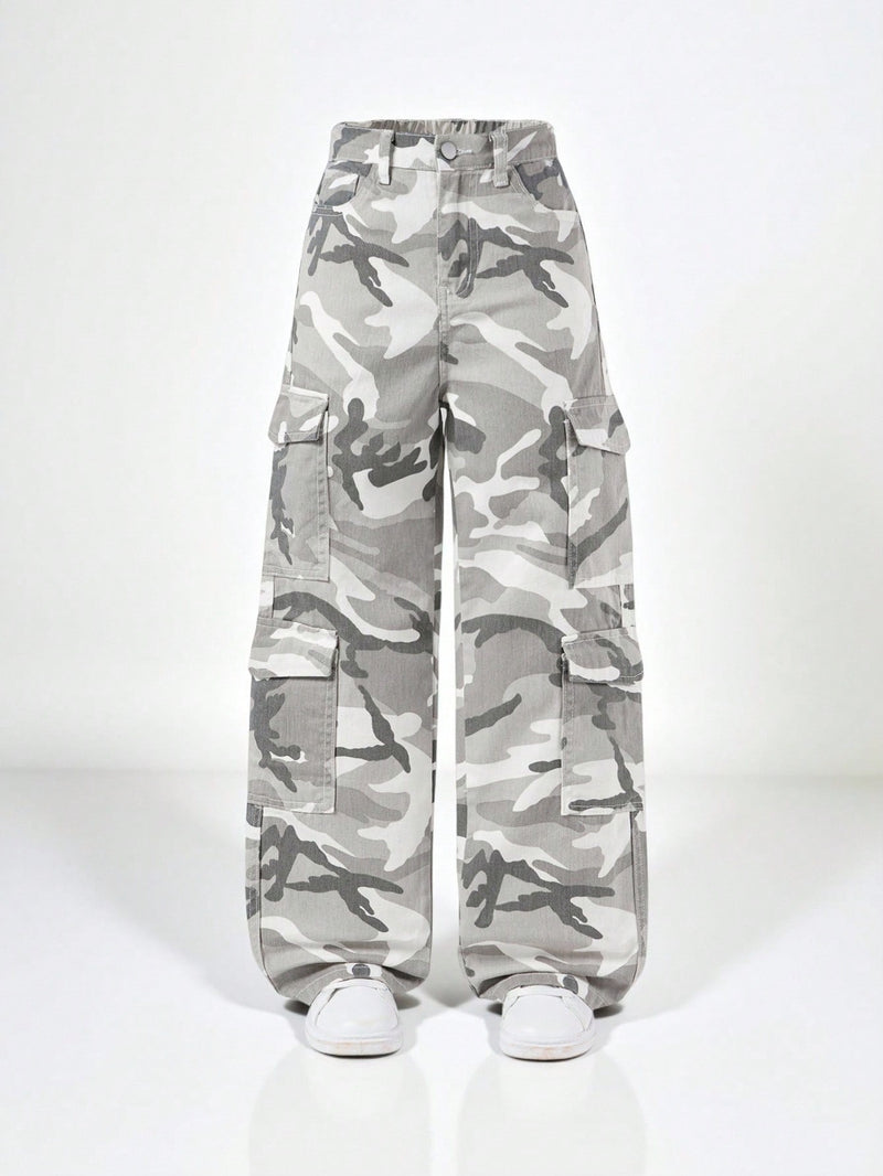 Cargo jeans for girls in cotton denim with large side pockets and a straight leg - snow camo