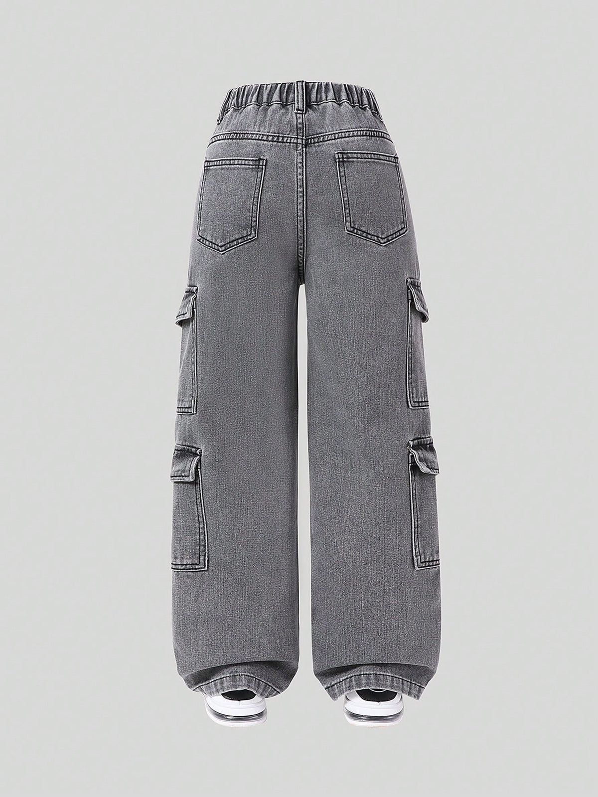 Cargo jeans for girls in cotton denim with large side pockets and a straight leg - grey