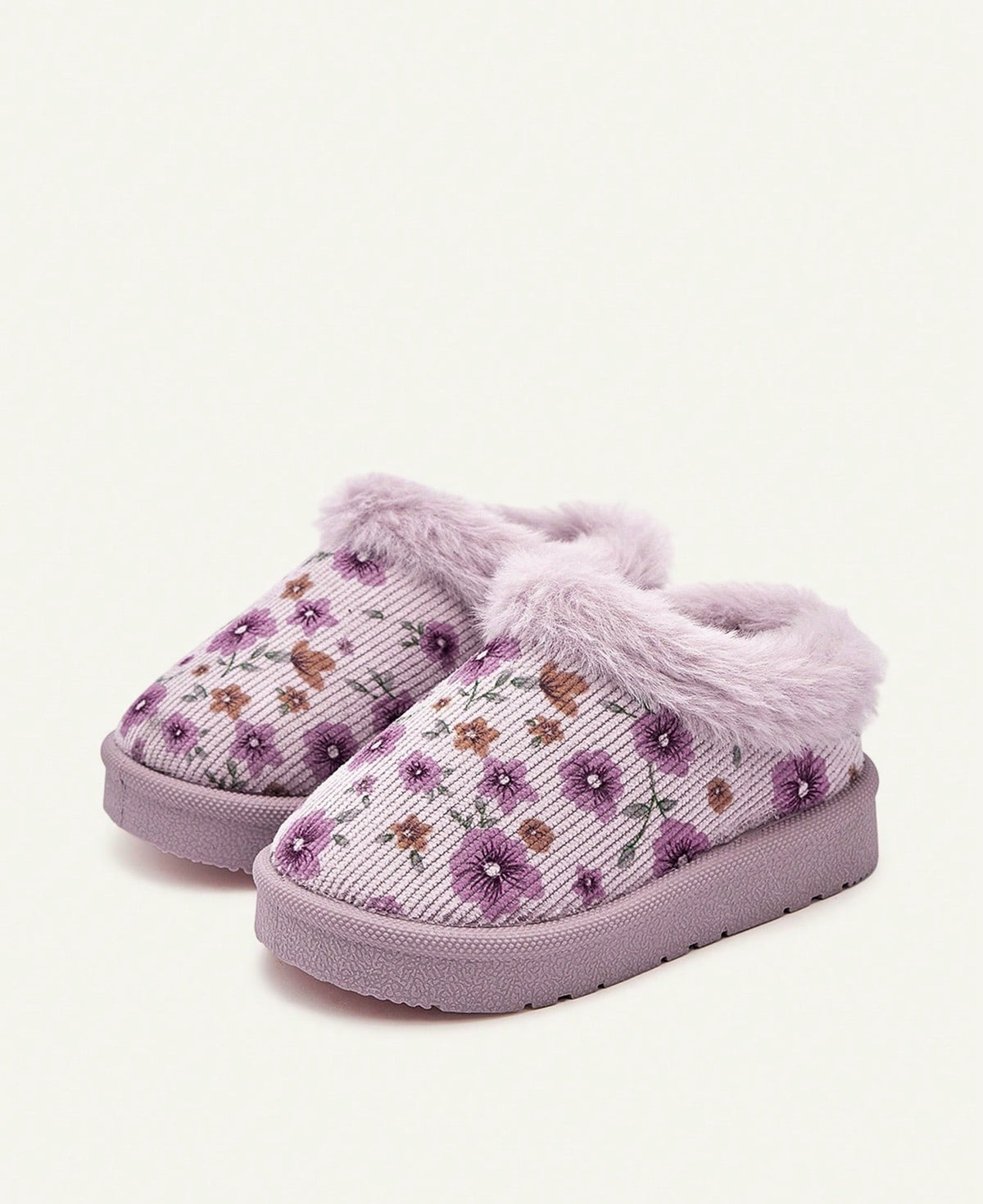 Floral slippers for girls with a plush collar, plush lining and a firm sole with tread - lilac floral