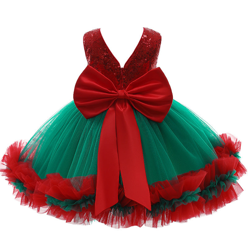 Girls' Christmas party dress with a sequinned bodice, tulle skirt and big bow - red bodice, green skirt