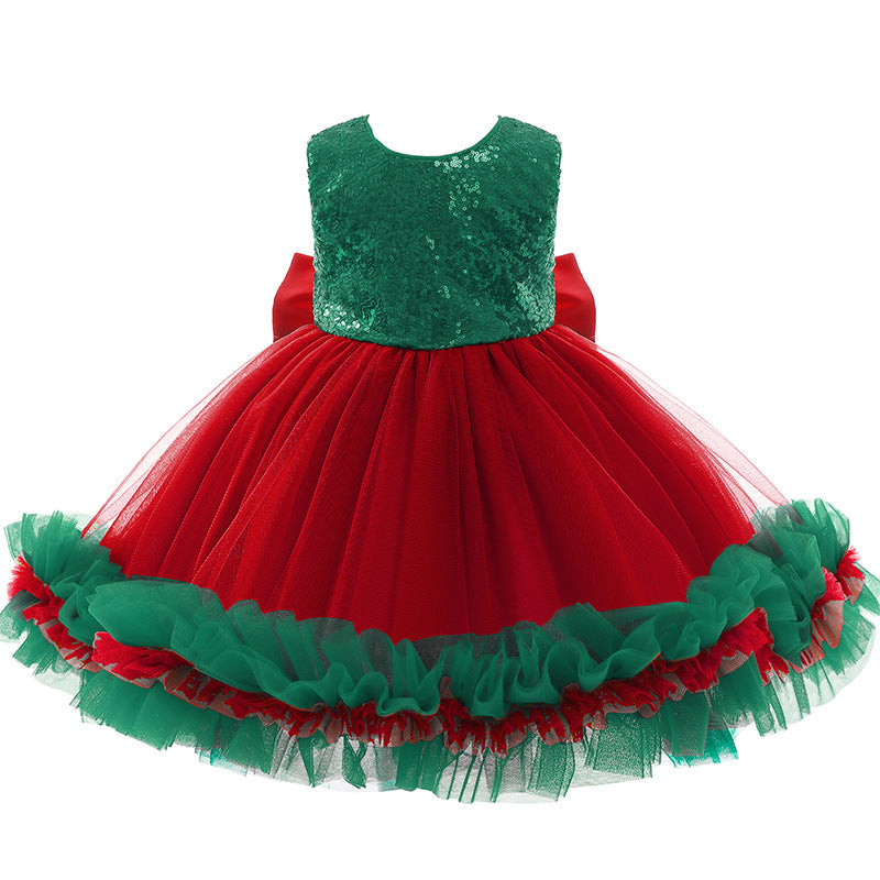 Girls' Christmas party dress with a sequinned bodice, tulle skirt and big bow - green bodice, red skirt