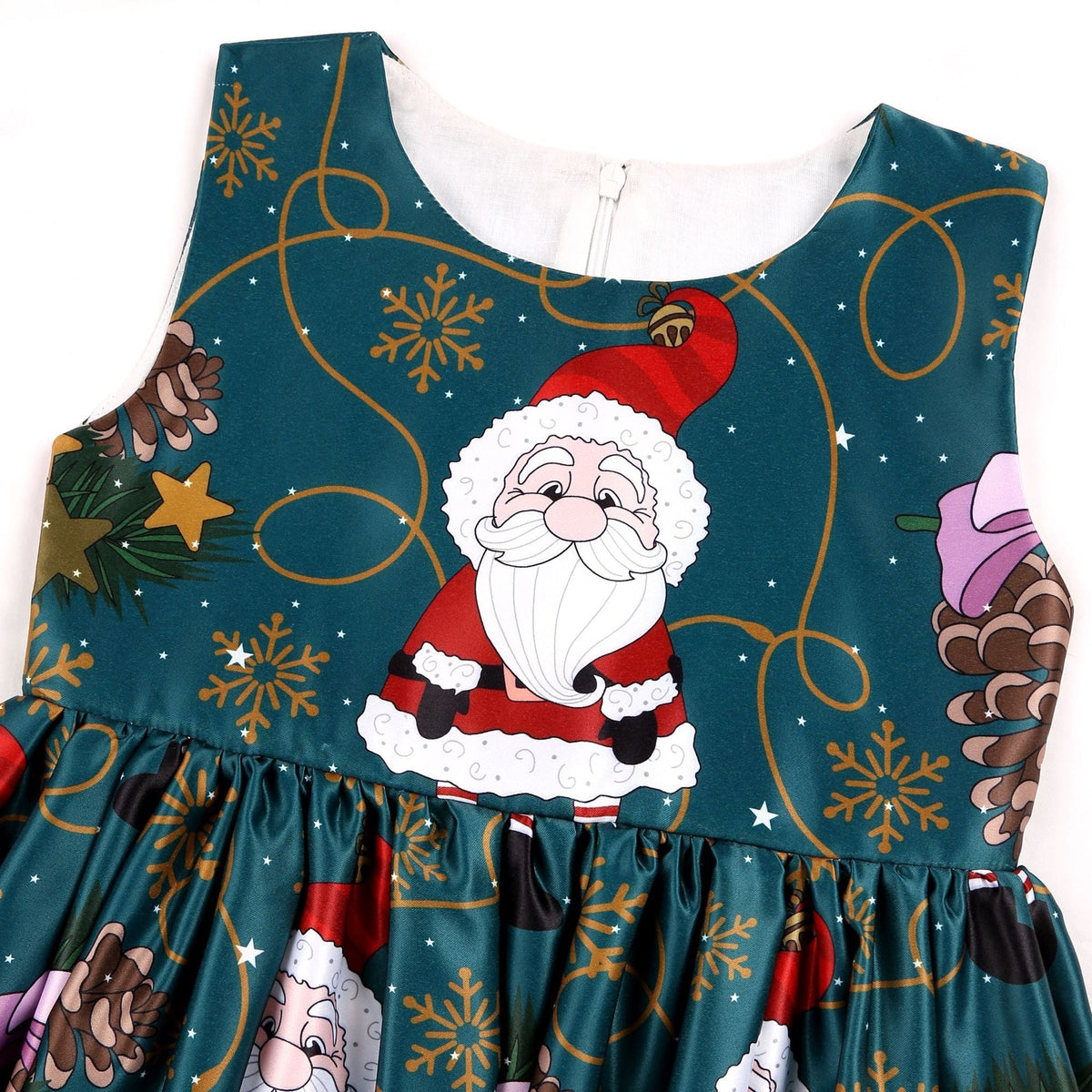Girls' sleeveless Christmas dress with a bow and a festive print