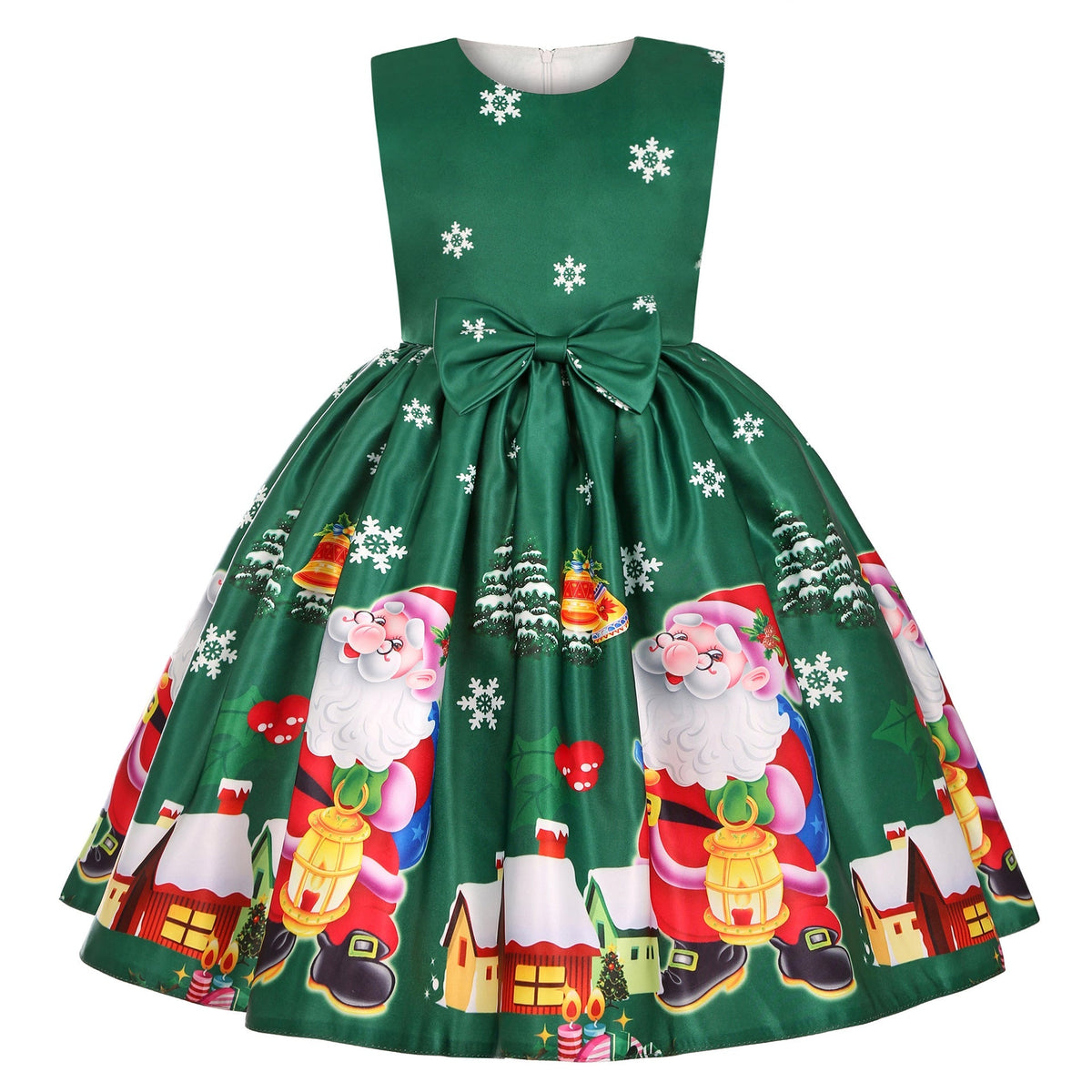 Girls' sleeveless Christmas dress with a bow and a festive print - green christmas village