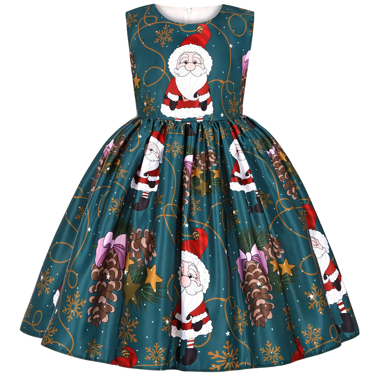 Girls' sleeveless Christmas dress with a bow and a festive print - teal father christmas