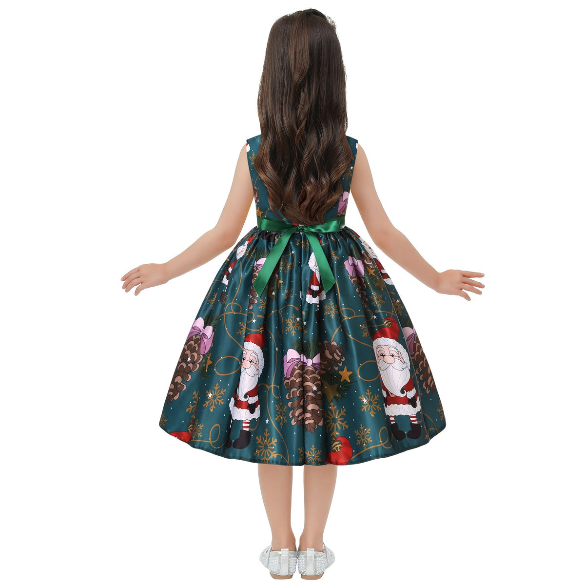 Girls' sleeveless Christmas dress with a bow and a festive print