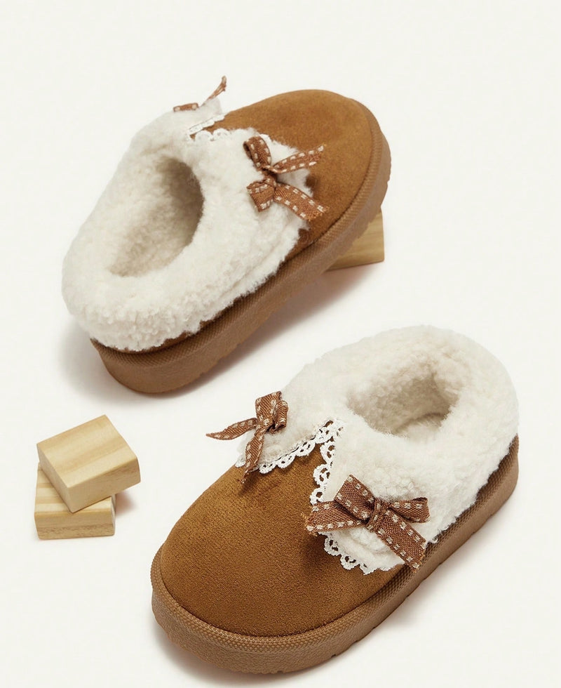 Slippers for girls with a thick plush collar, plush lining and a firm sole with tread - camel with bow