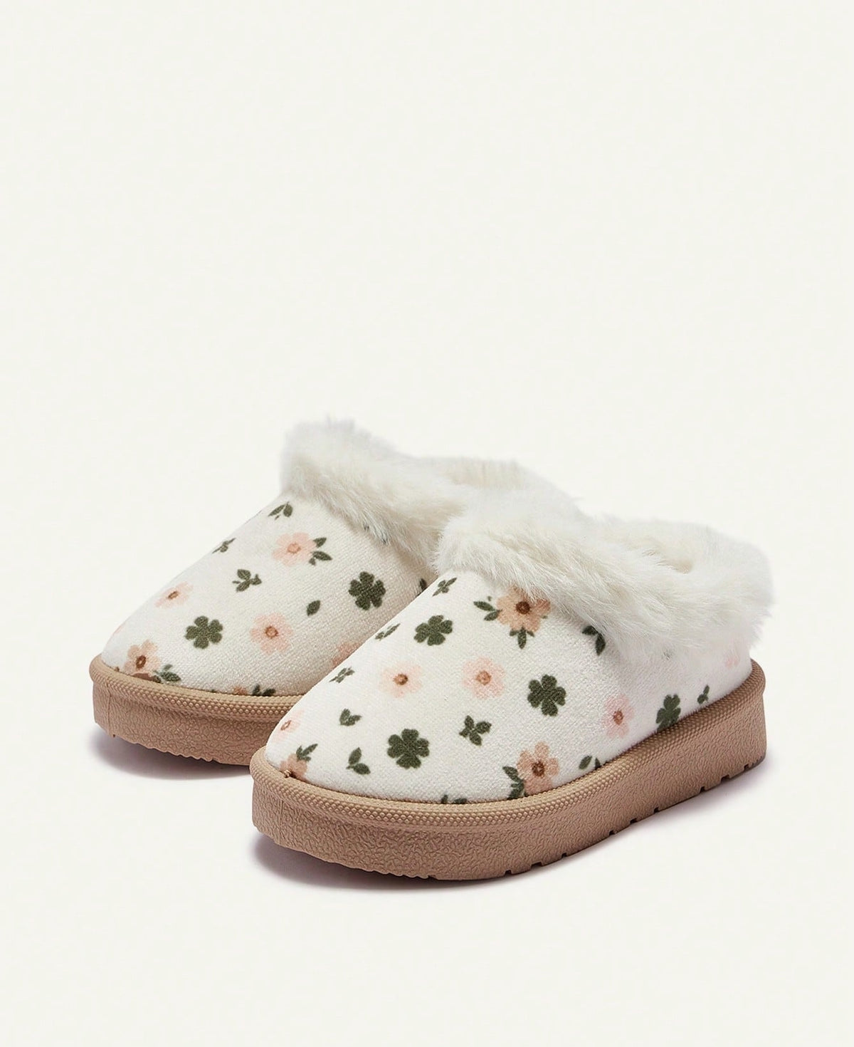 Slippers for girls with a thick plush collar, plush lining and a firm sole with tread - clover print