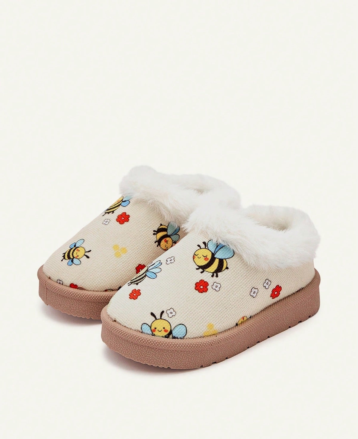 Slippers for girls with a thick plush collar, plush lining and a firm sole with tread - bee print