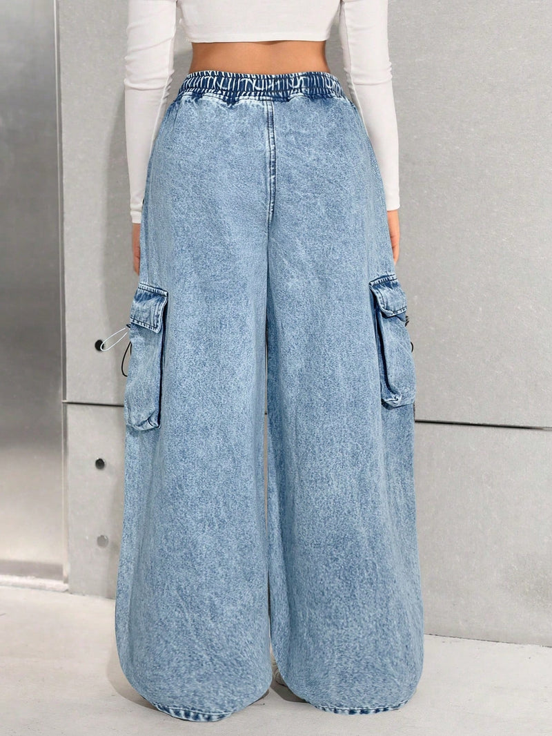 Wide leg cargo jeans for girls in stonewashed denim with drawstring waist and flap pockets - light blue