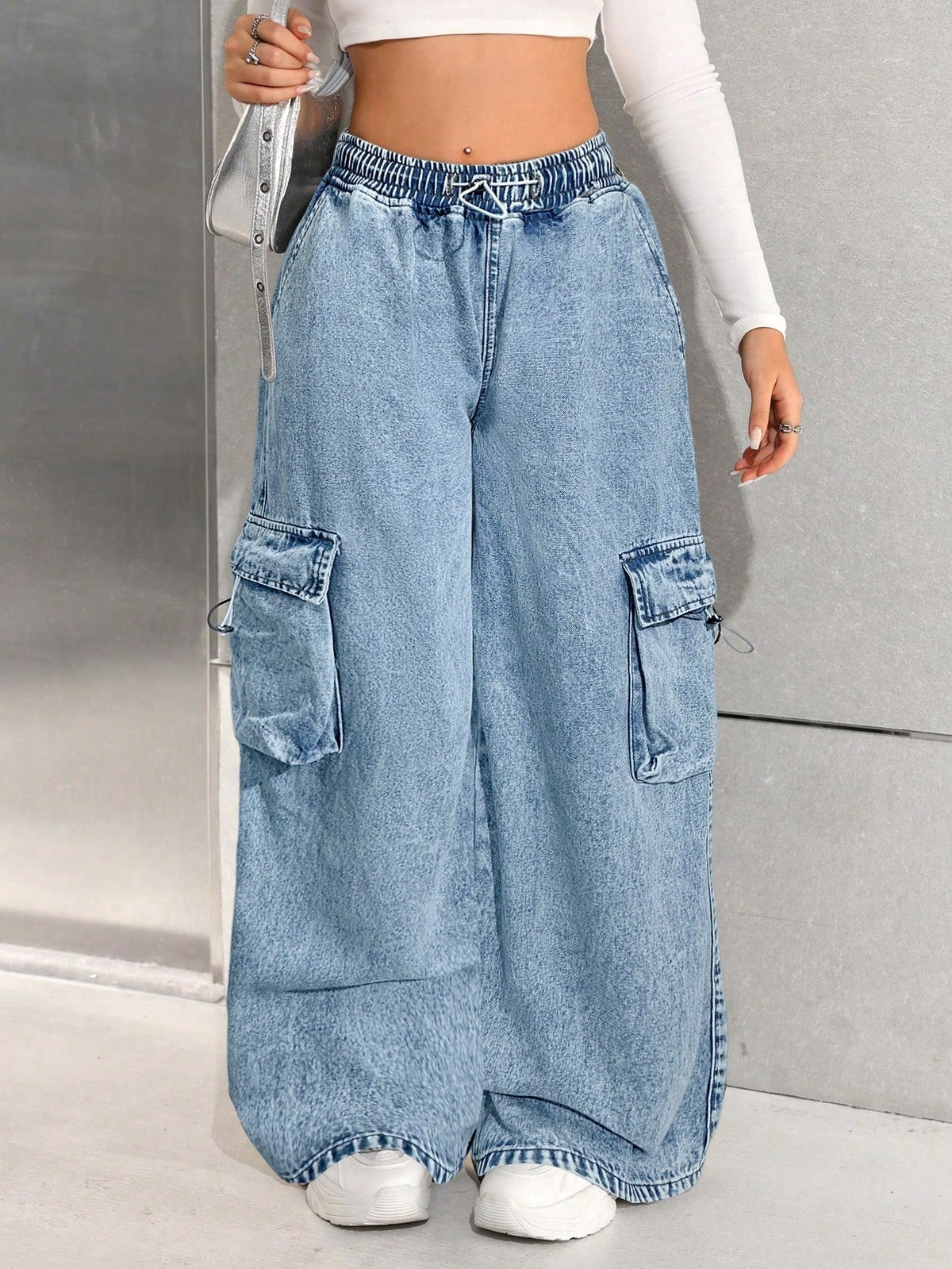 Wide leg cargo jeans for girls in stonewashed denim with drawstring waist and flap pockets - view 8