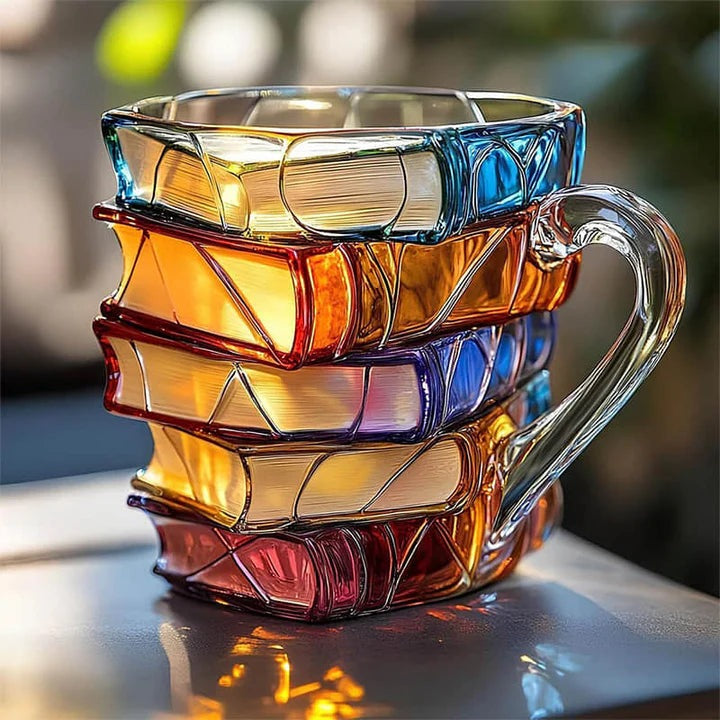 Glass book stack mug with a design of stacked books in red, orange, blue, purple and gold