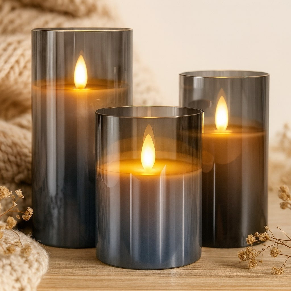 Three LED candles in glass cylinders with a remote and timer - grey glass
