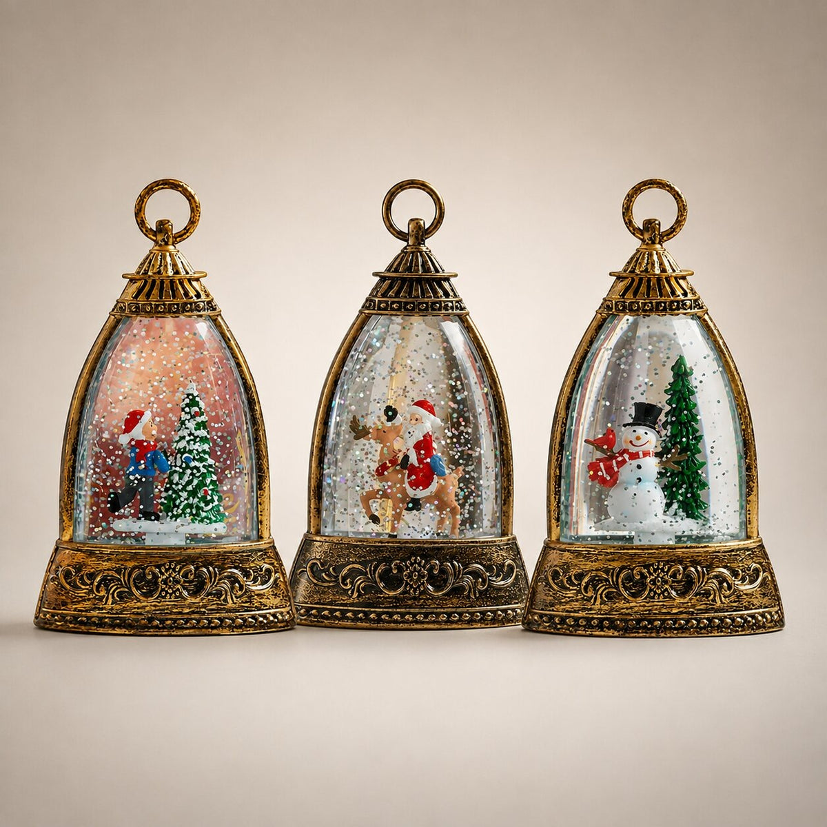 Light-up glitter lantern in a bell shape with a Christmas scene