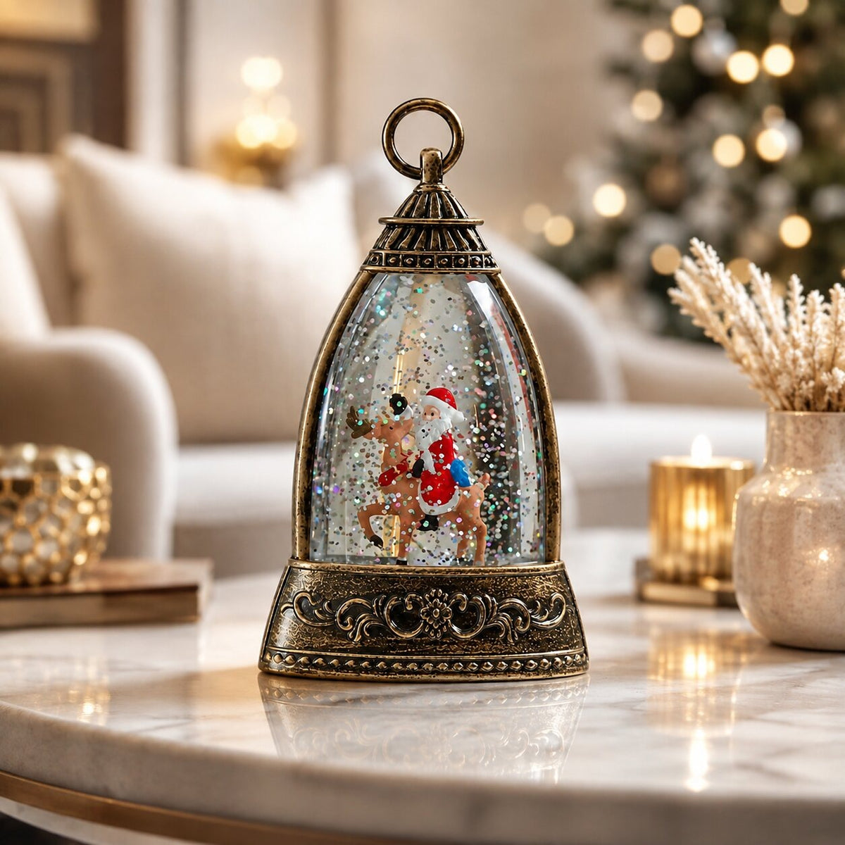 Light-up glitter lantern in a bell shape with a Christmas scene - view 3