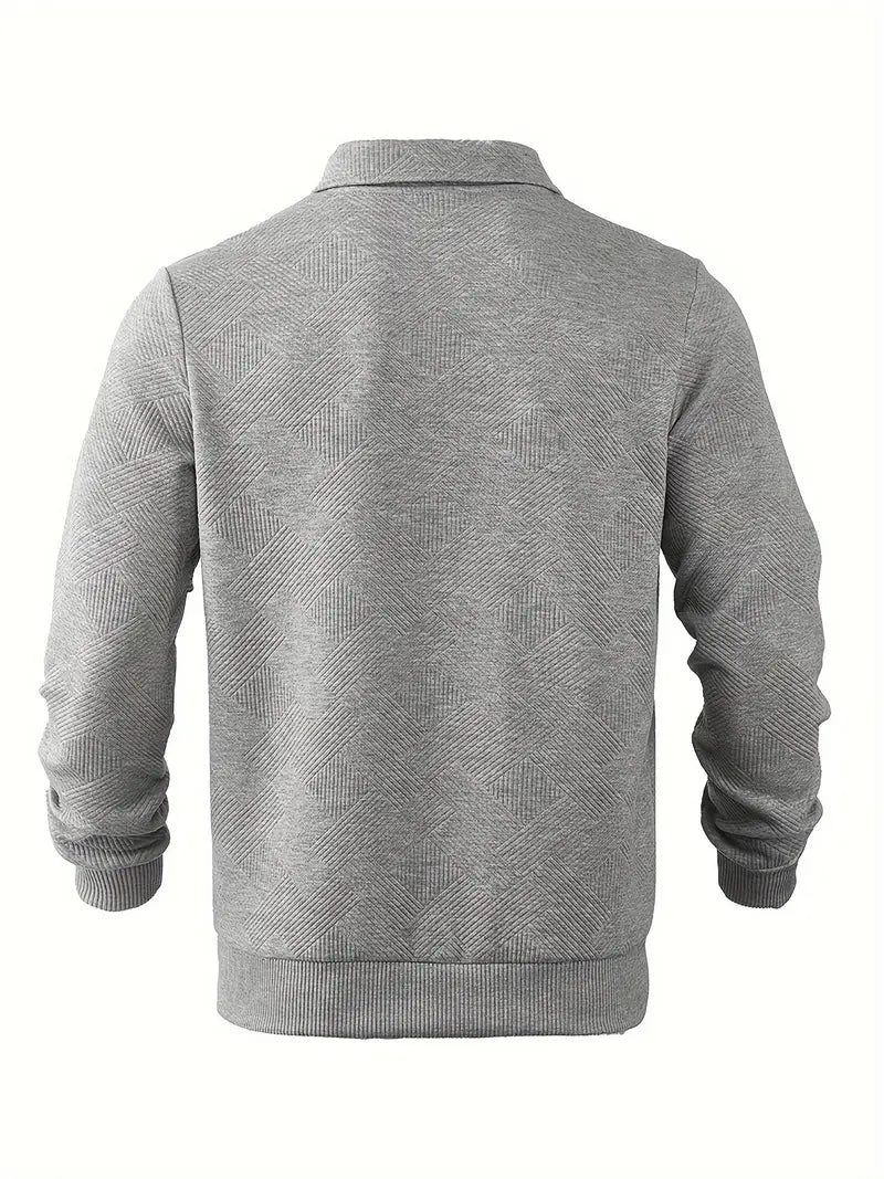 Zip-neck sweatshirt showing the point collar and short zip