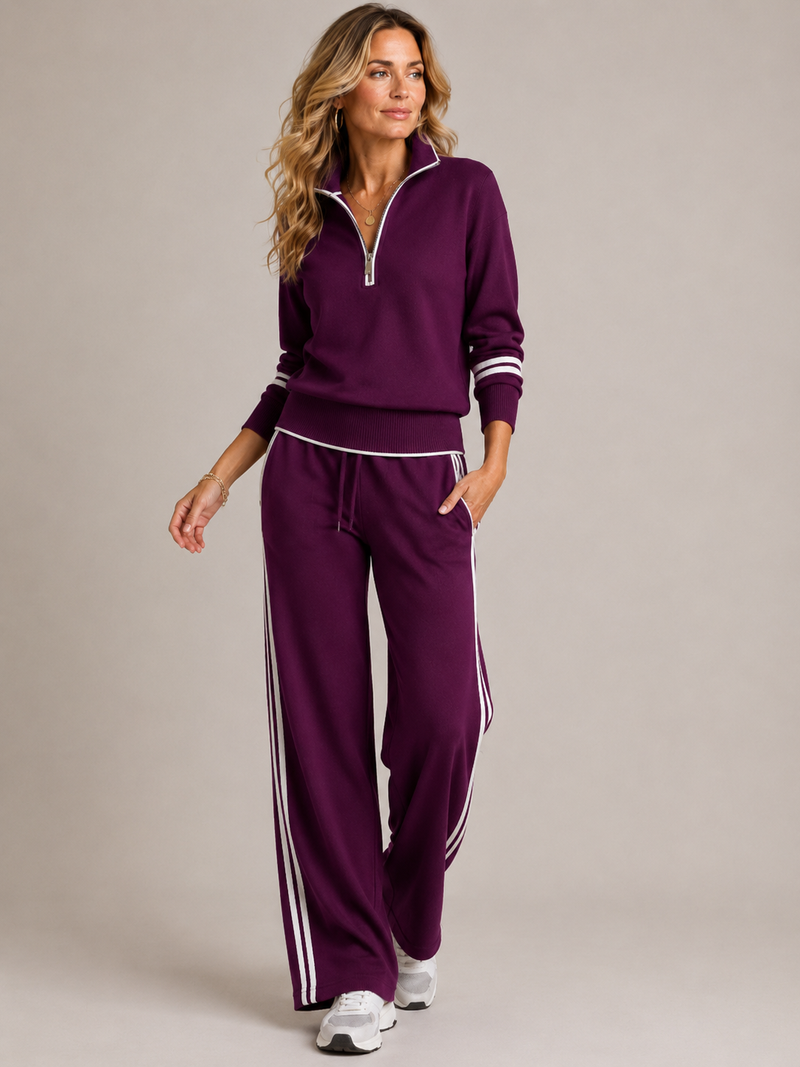 Women's two-piece set with a half-zip jumper and wide-leg trousers - plum