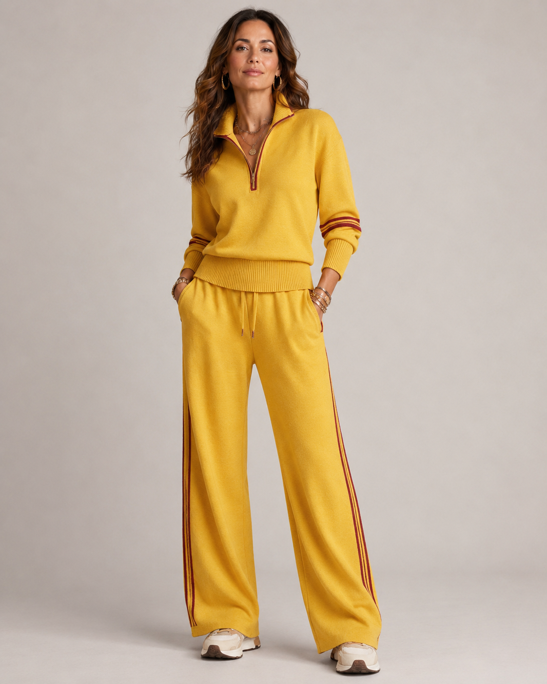 Women's two-piece set with a half-zip jumper and wide-leg trousers - mustard