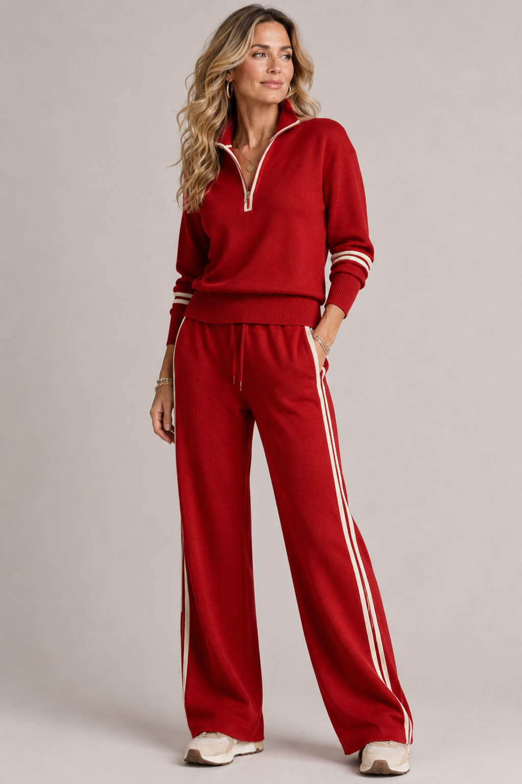 Women's two-piece set with a half-zip jumper and wide-leg trousers - red