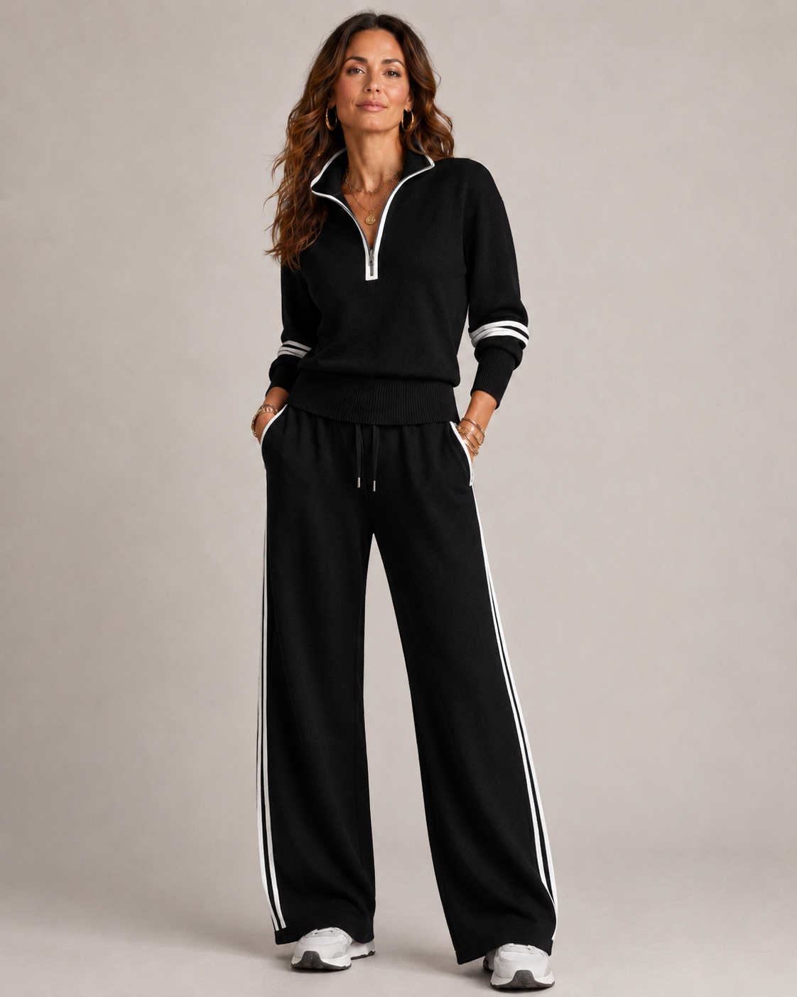 Women's two-piece set with a half-zip jumper and wide-leg trousers - black