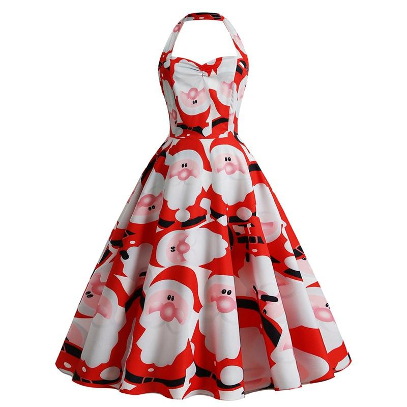 Women's halter-neck Christmas dress with sweetheart neckline and full skirt - red and white santa