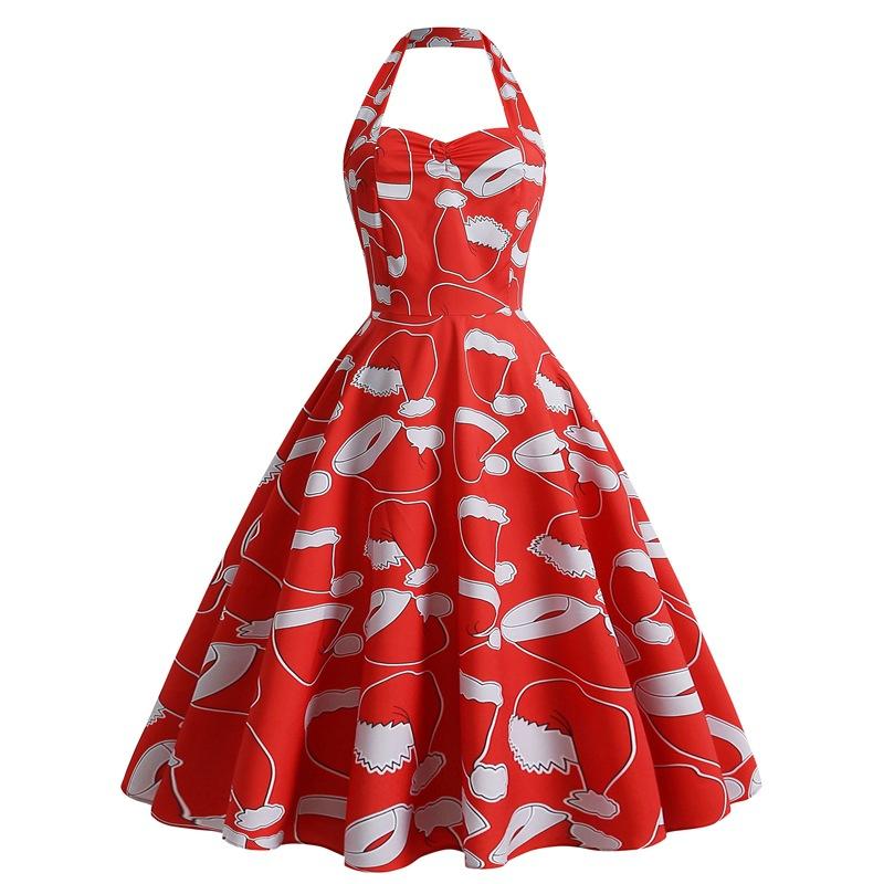 Women's halter-neck Christmas dress with sweetheart neckline and full skirt - red santa hat