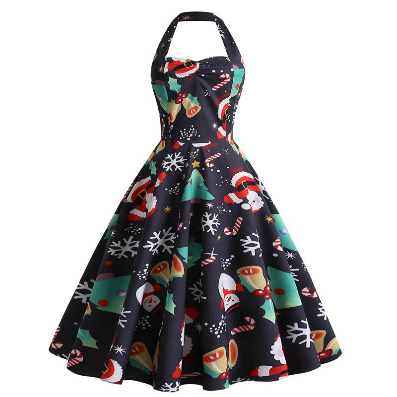 Women's halter-neck Christmas dress with sweetheart neckline and full skirt - black christmas bells