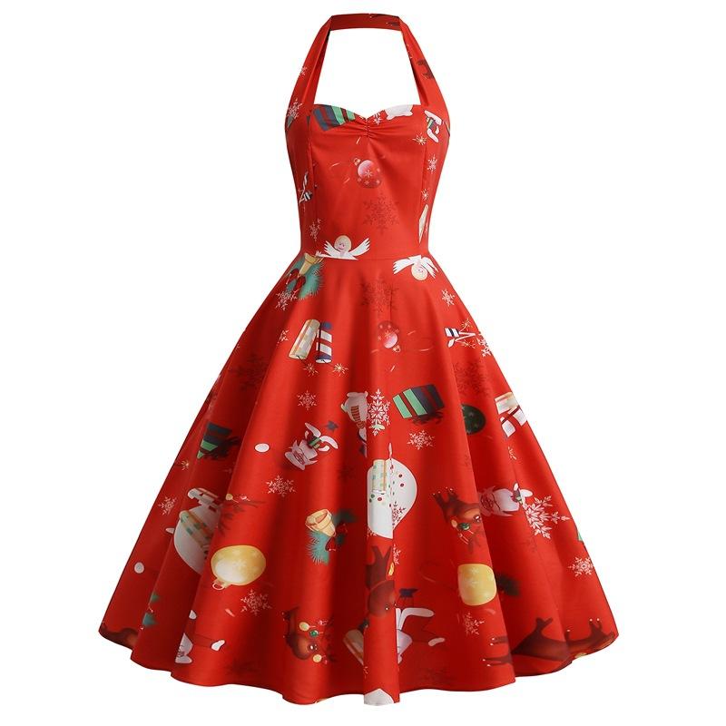 Women's halter-neck Christmas dress with sweetheart neckline and full skirt - red gift print