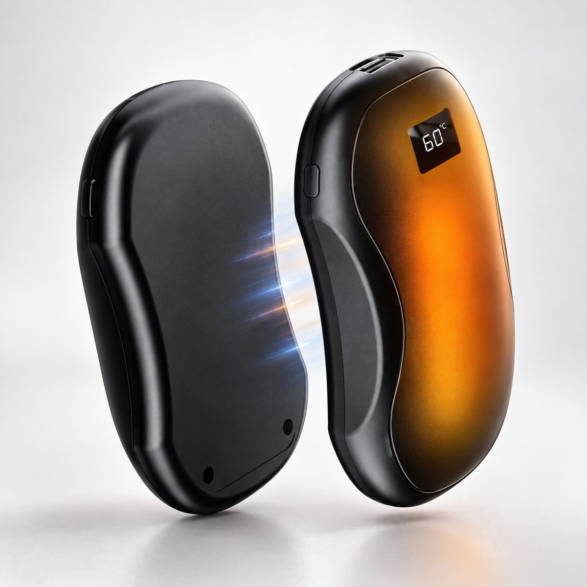 Two rechargeable hand warmers that snap together with a magnet, with display