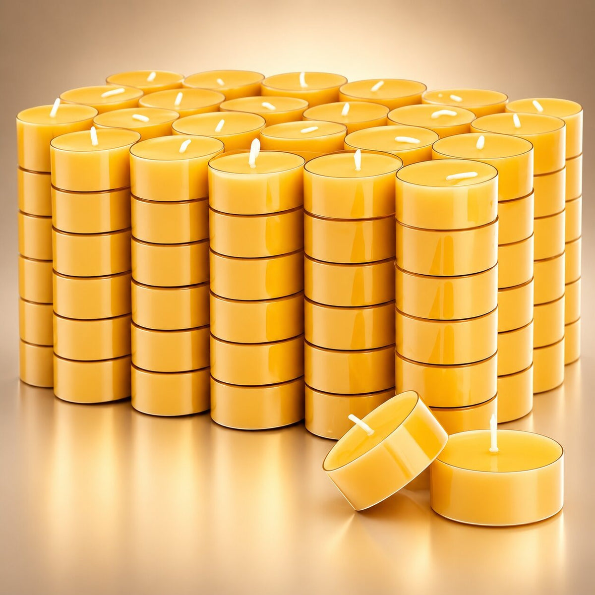 Handmade beeswax tea lights stacked together