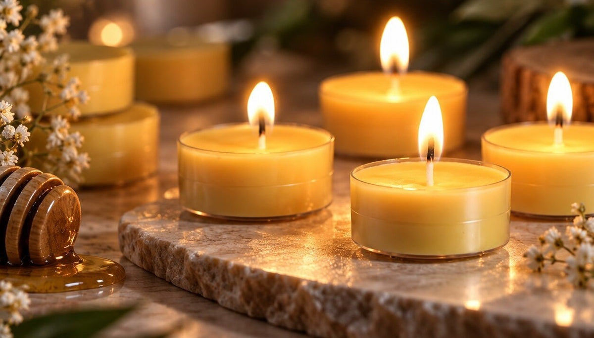 Handmade beeswax tea lights stacked together - view 2