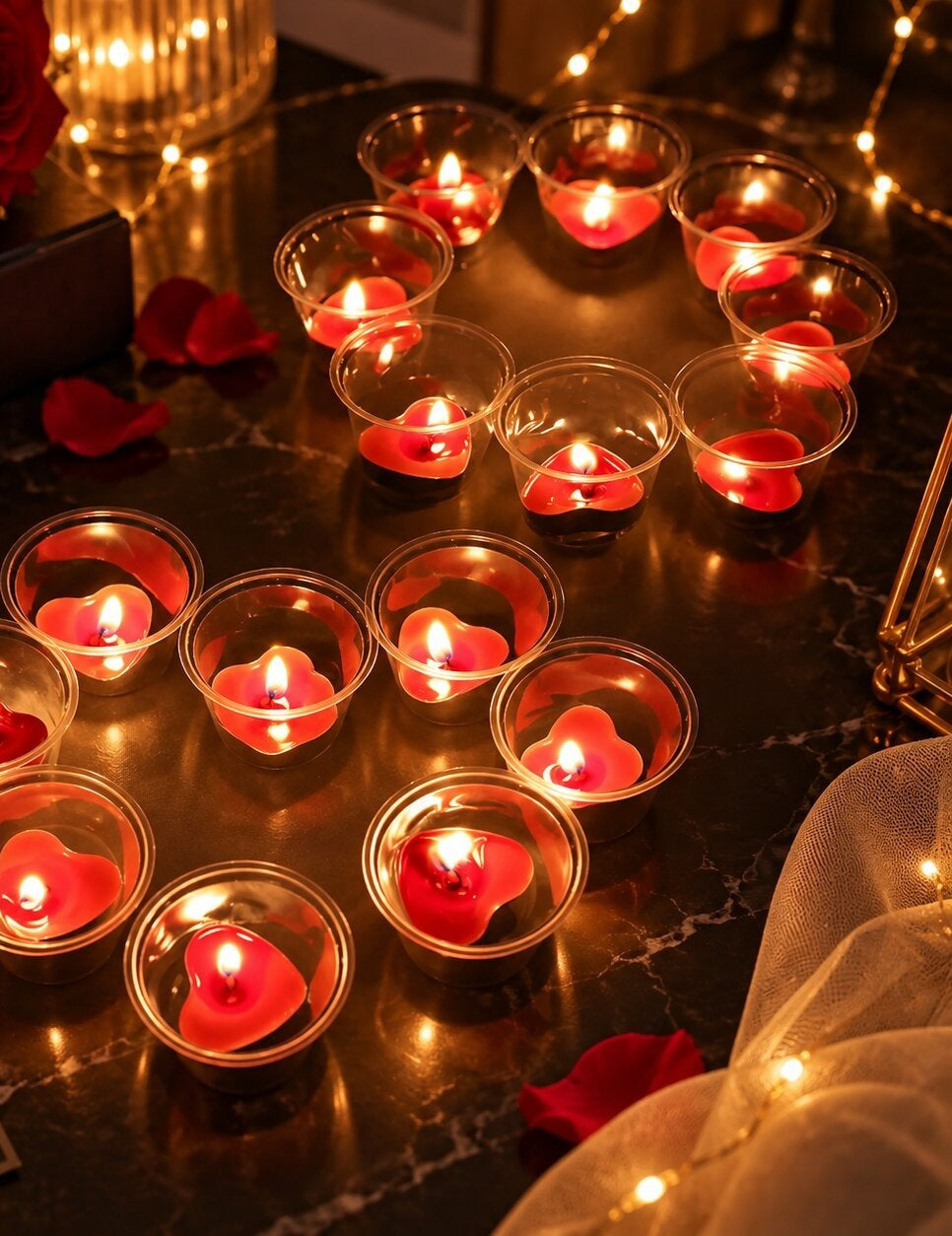 Coloured heart-shaped and round tea lights in cardboard boxes - view 2