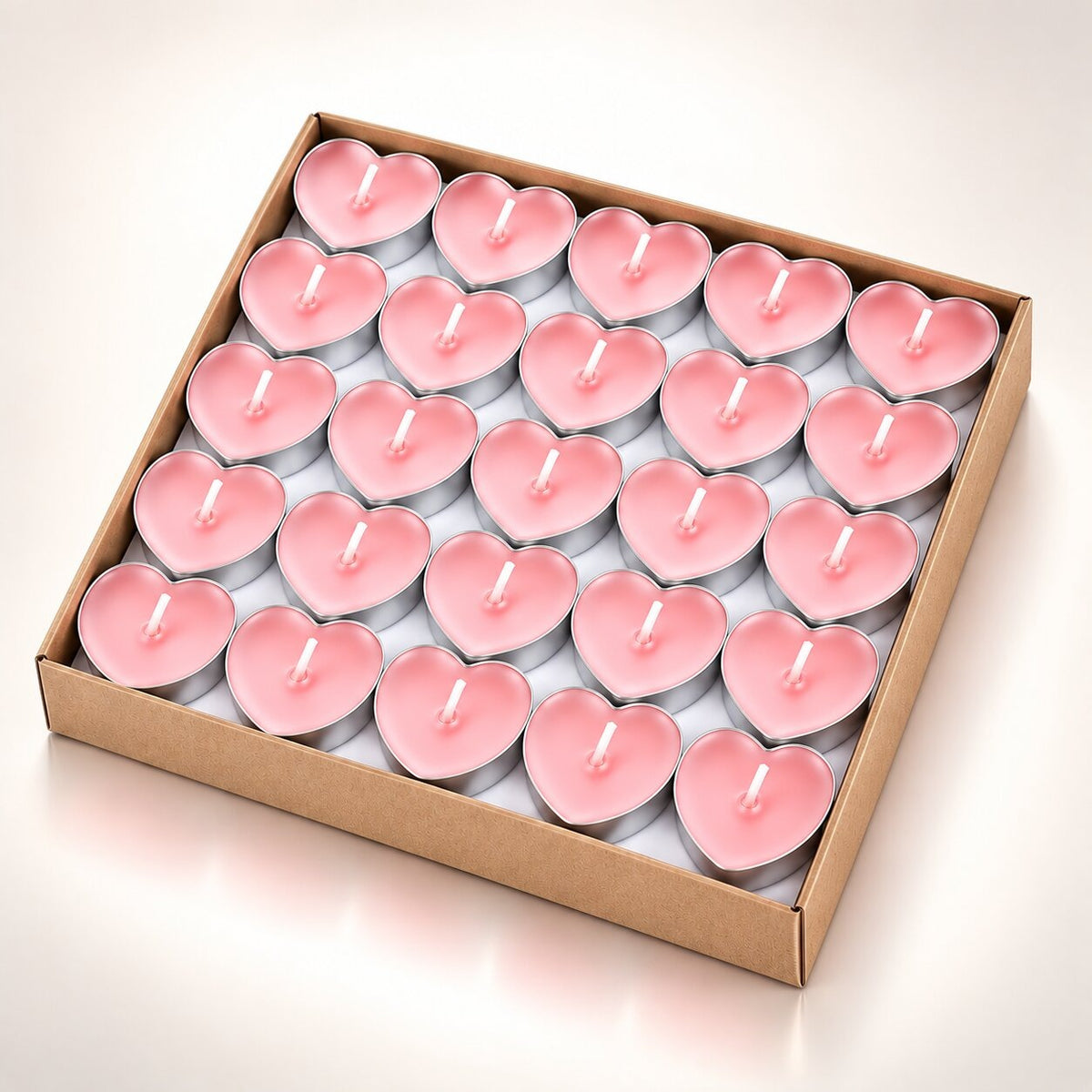 Coloured heart-shaped and round tea lights in cardboard boxes - view 6
