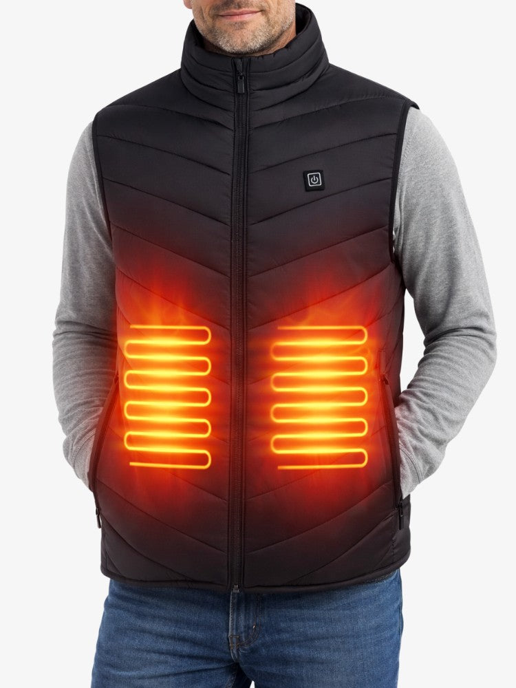 Heated body warmer with a stand collar, a zip and a button on the chest
