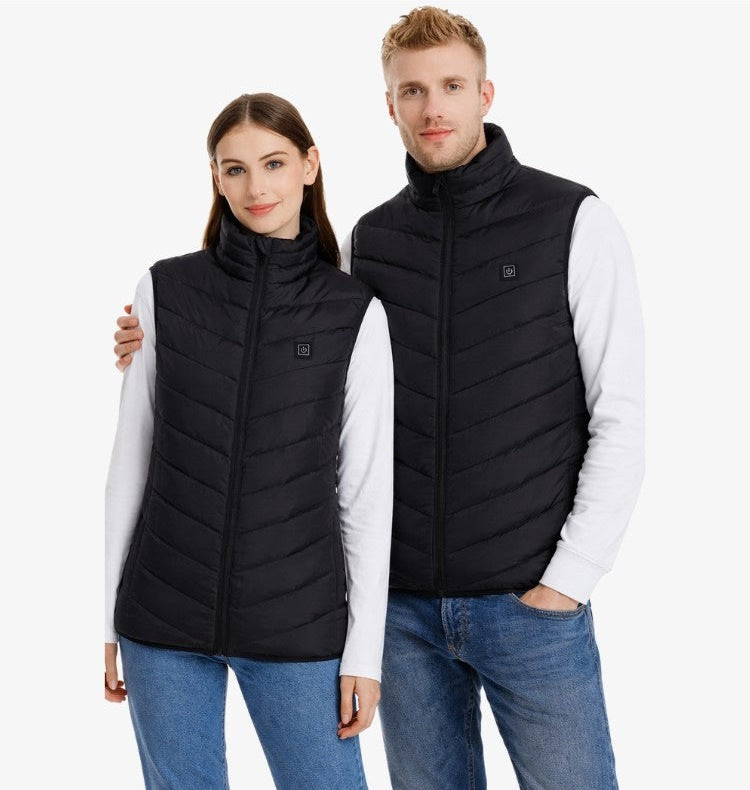 Heated body warmer with a stand collar, a zip and a button on the chest - view 2