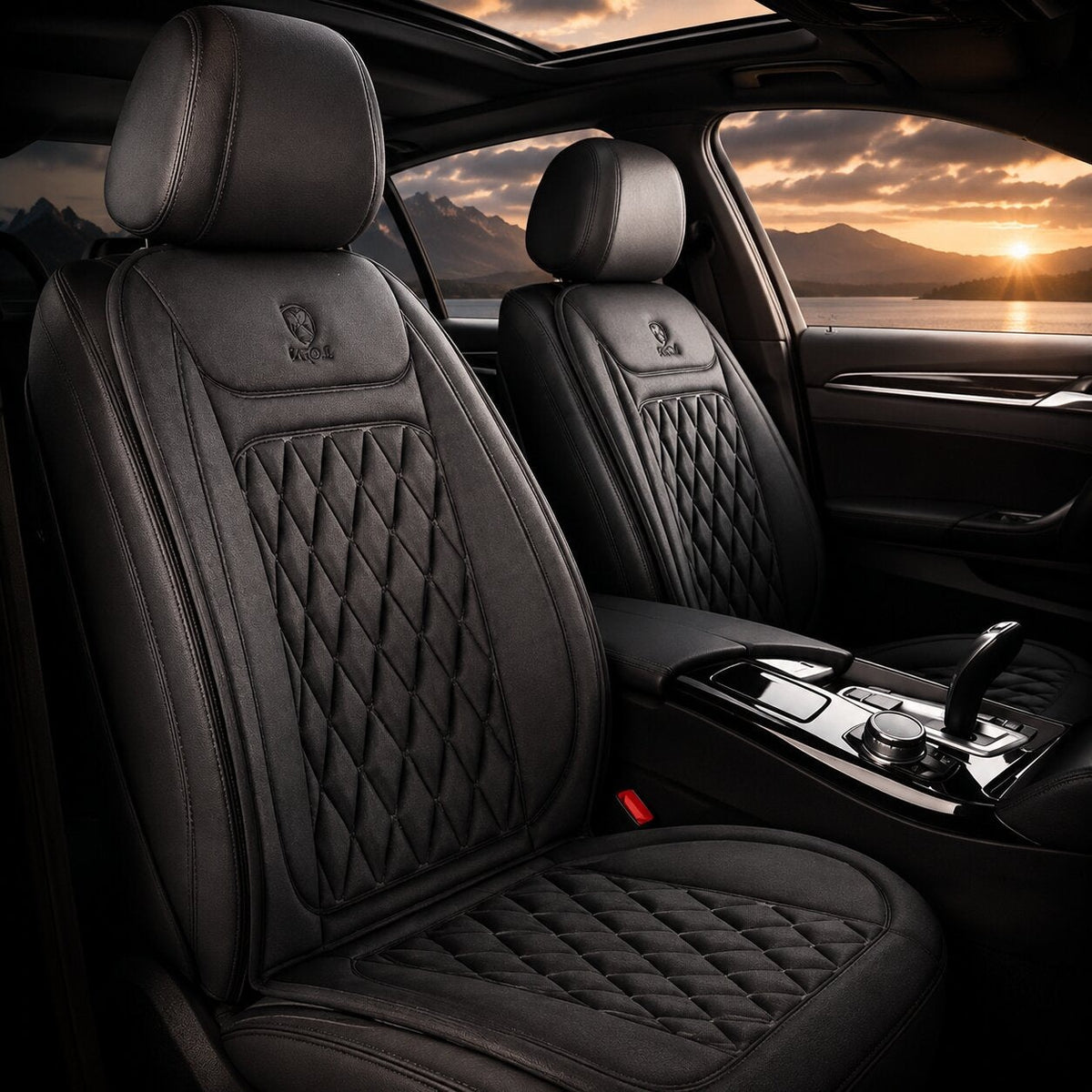 Heated car seat cover with diamond stitching - black