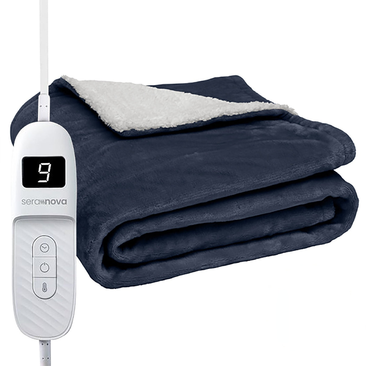 Electric heated throw 180 x 160 cm with 9 heat settings and a display controller - navy blue