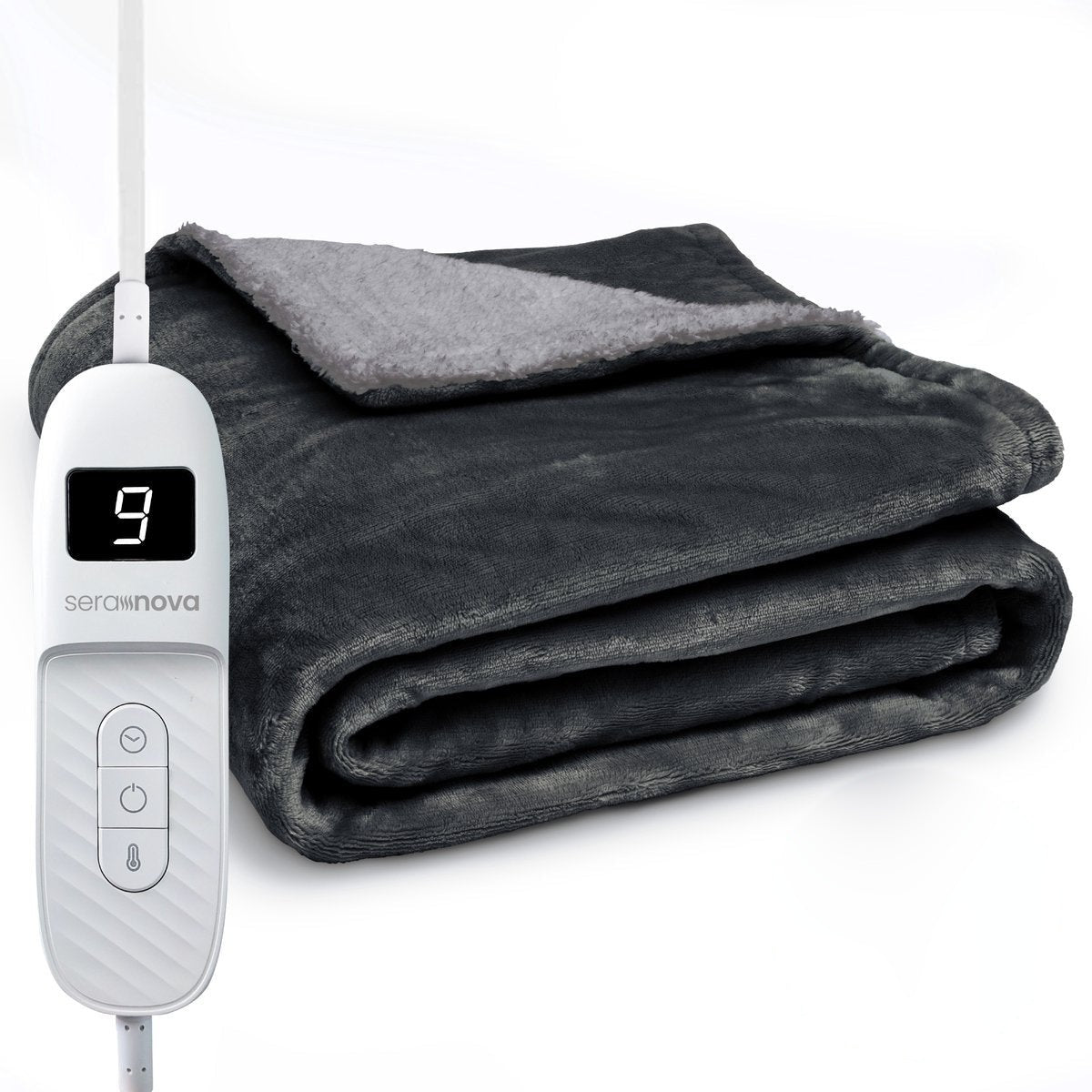 Electric heated throw 180 x 160 cm with 9 heat settings and a display controller - charcoal grey