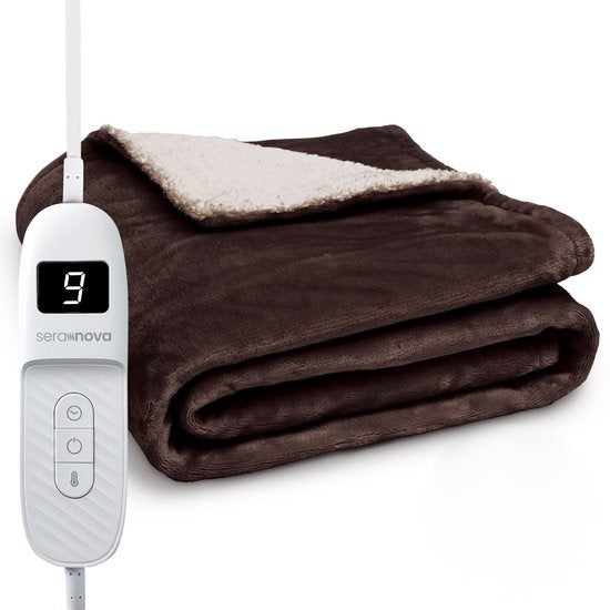 Electric heated throw 180 x 160 cm with 9 heat settings and a display controller - mocha brown