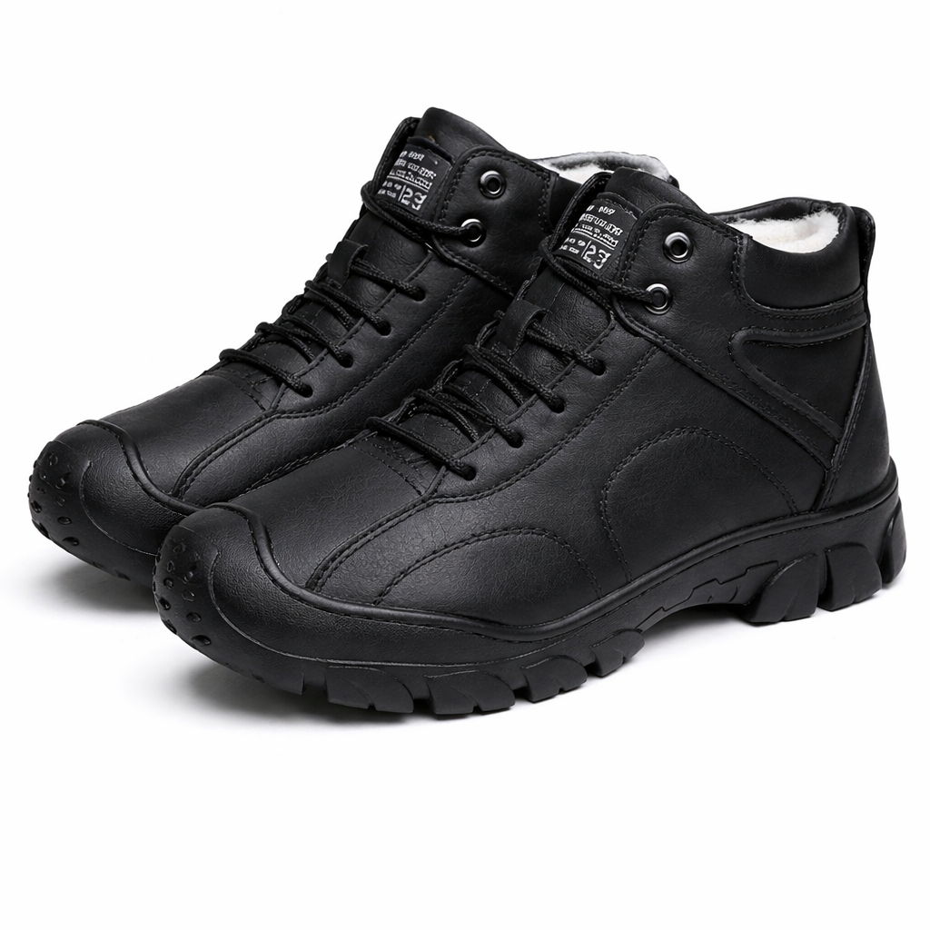High-top winter boots in a leather look with a padded collar and lug sole in black