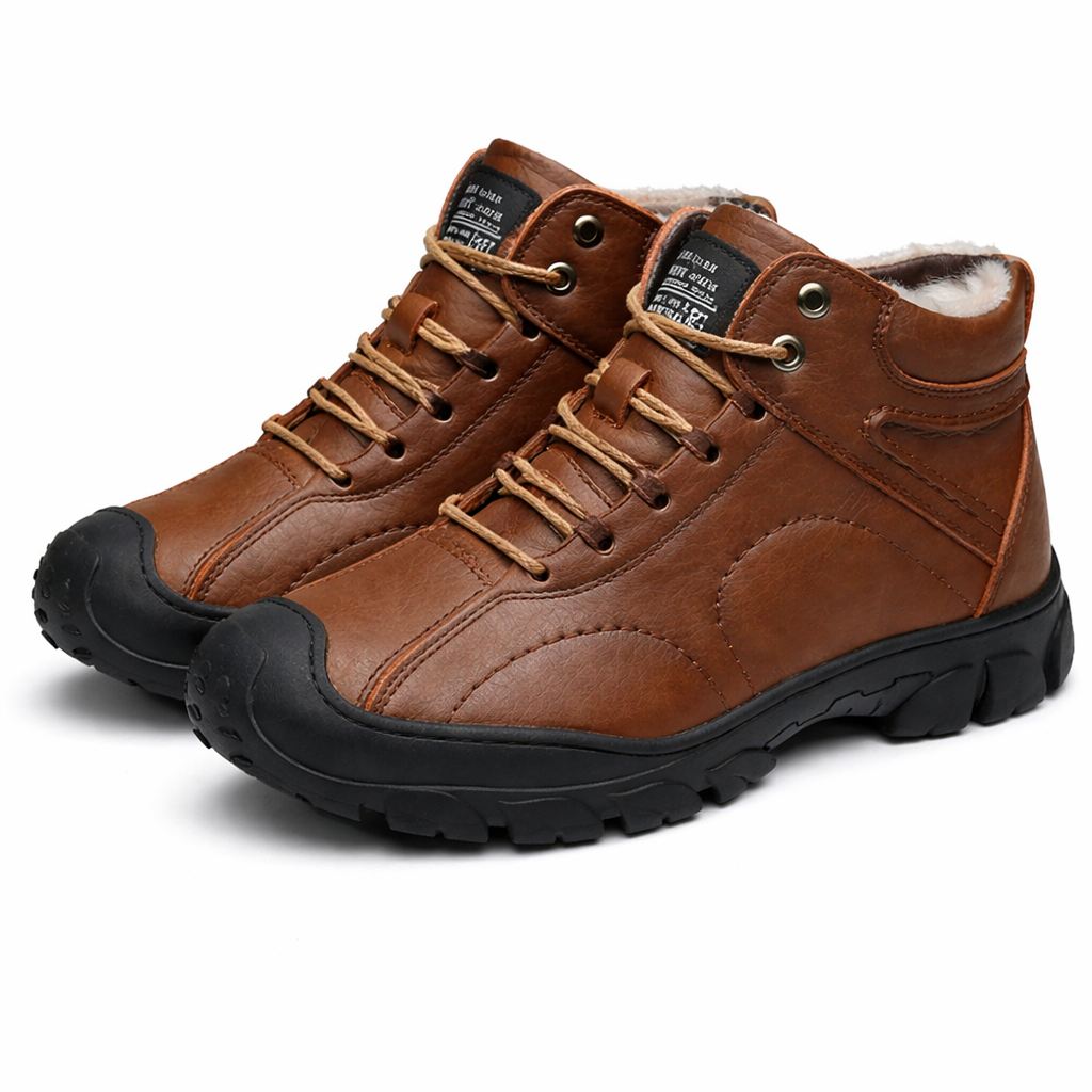 High-top winter boots in a leather look with a padded collar and lug sole in brown