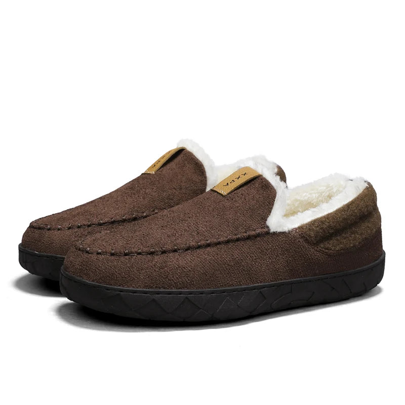 Men's suede-look moccasin slippers with a sherpa collar and a rubber sole in brown