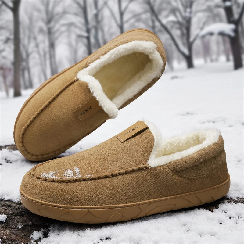 Men's suede-look moccasin slippers with a sherpa collar and a rubber sole