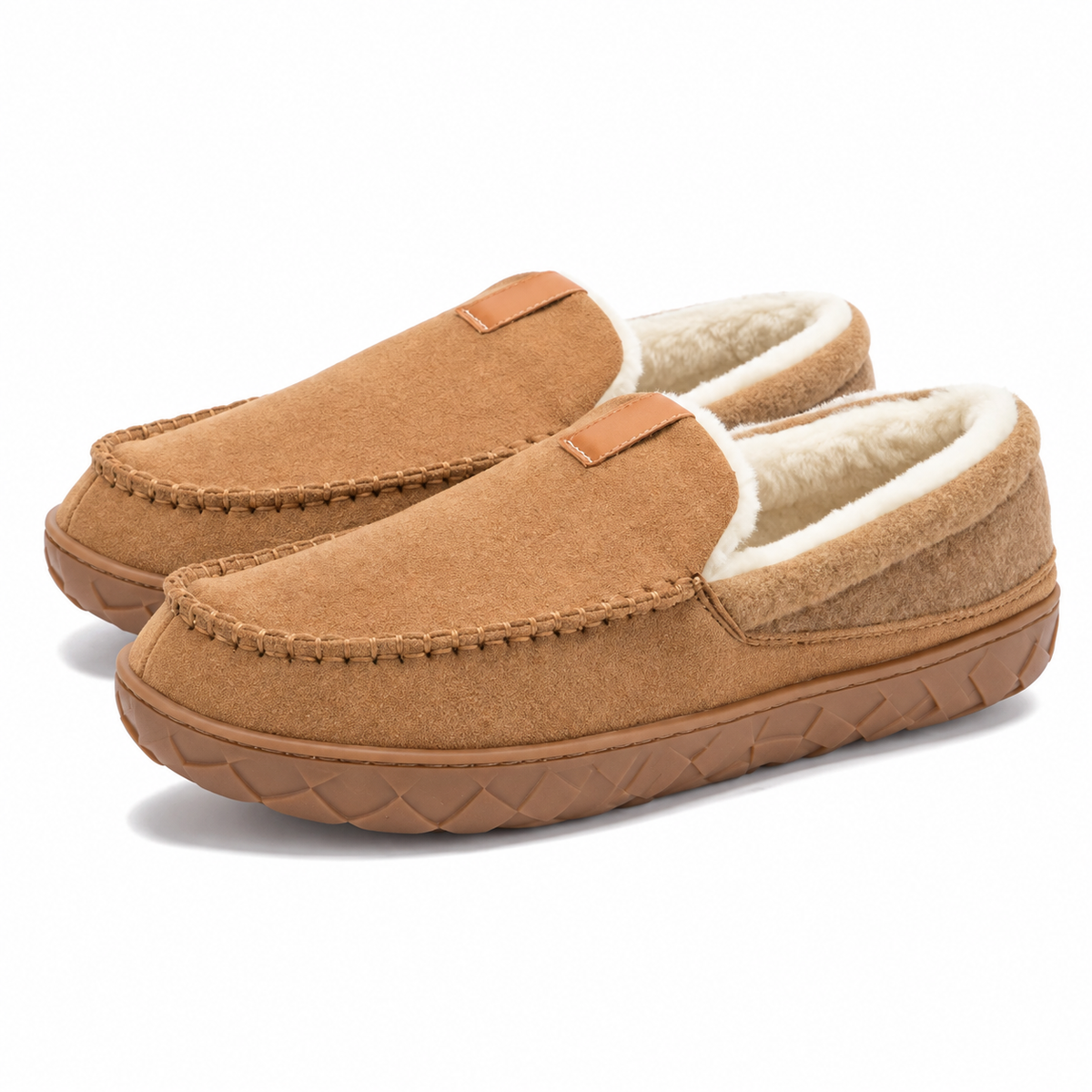 Men's moccasin slippers with a fleece lining, a knitted heel panel and a rubber sole in camel
