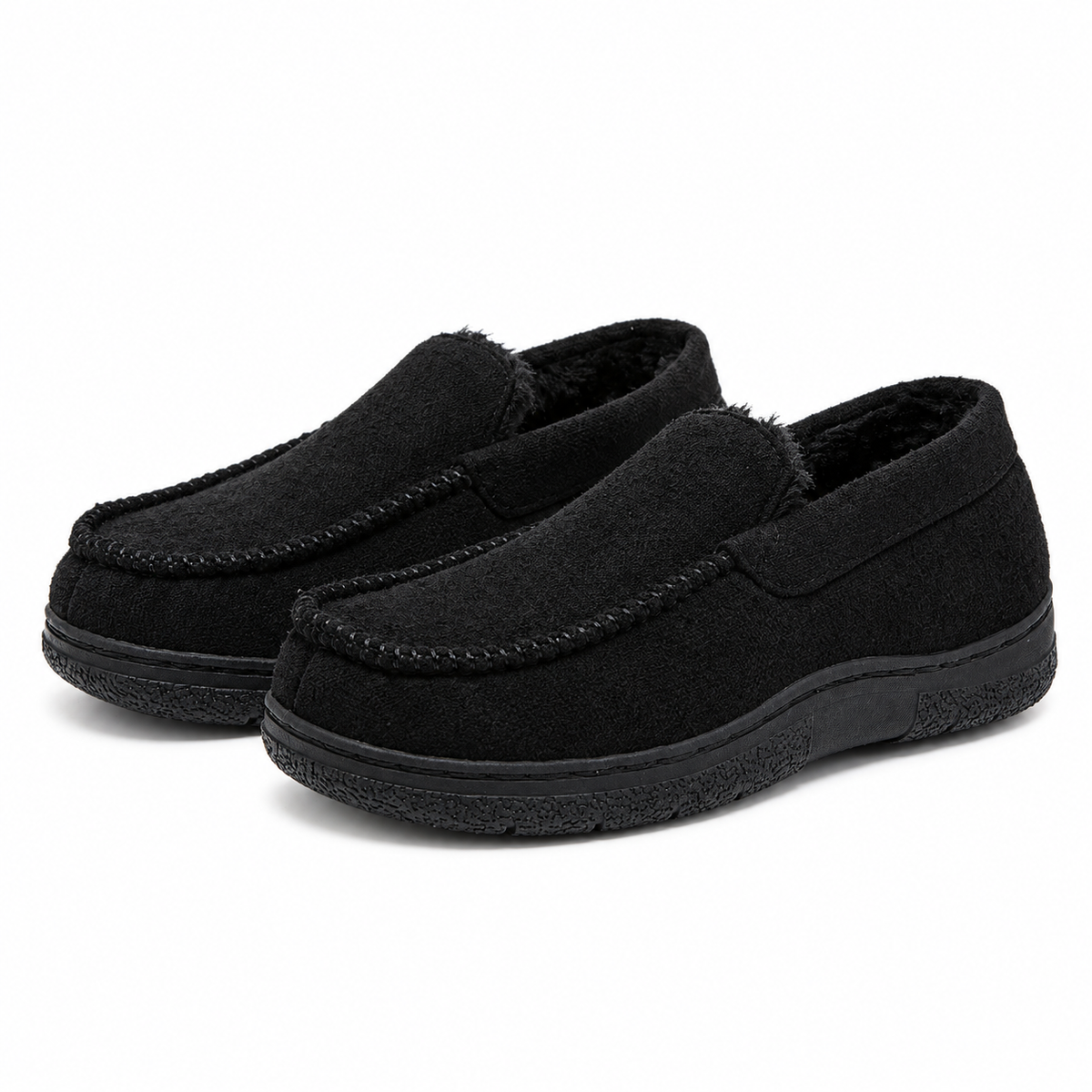 Men's wide-fit moccasin slippers in a suede look with a fleece lining in black
