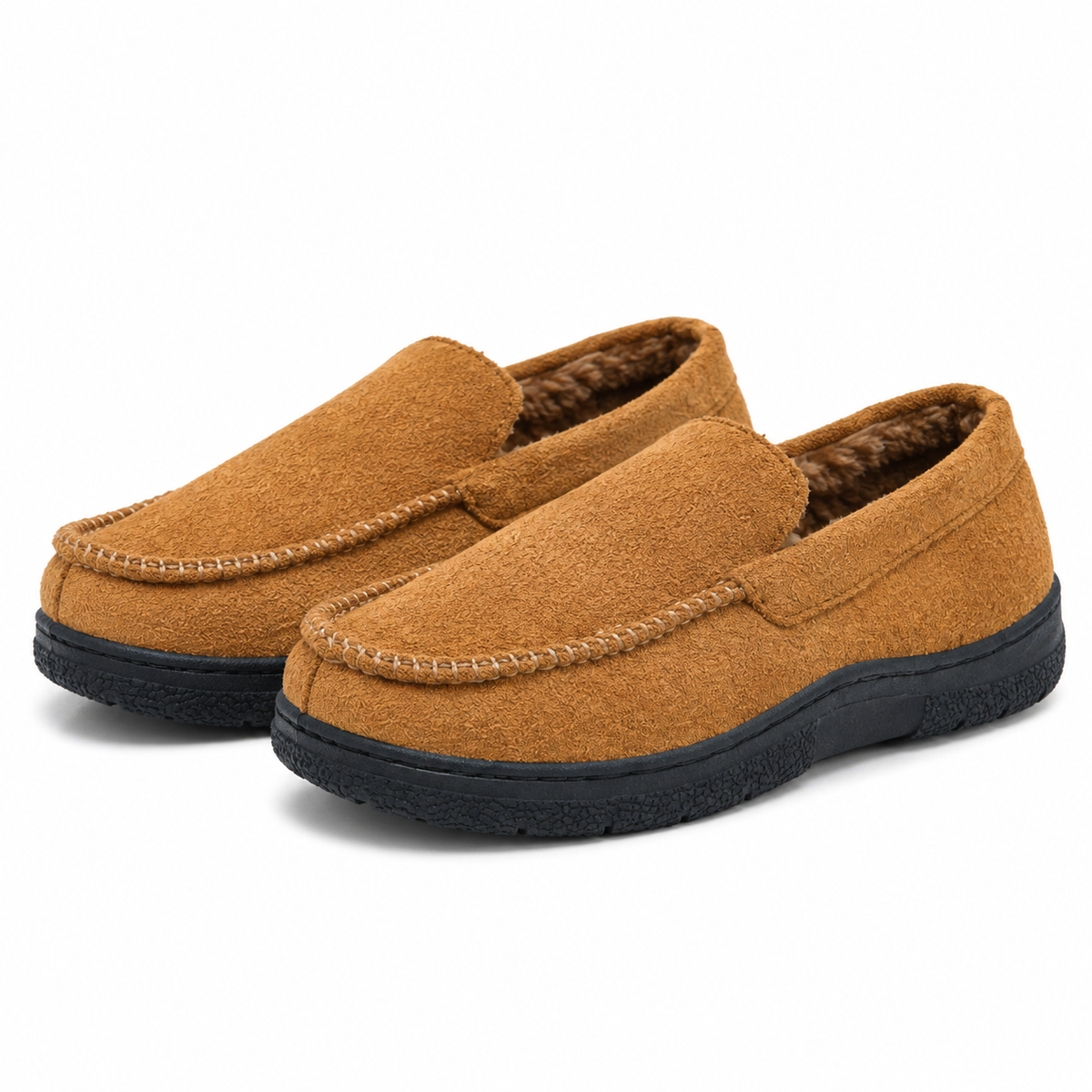Men's wide-fit moccasin slippers in a suede look with a fleece lining in tan