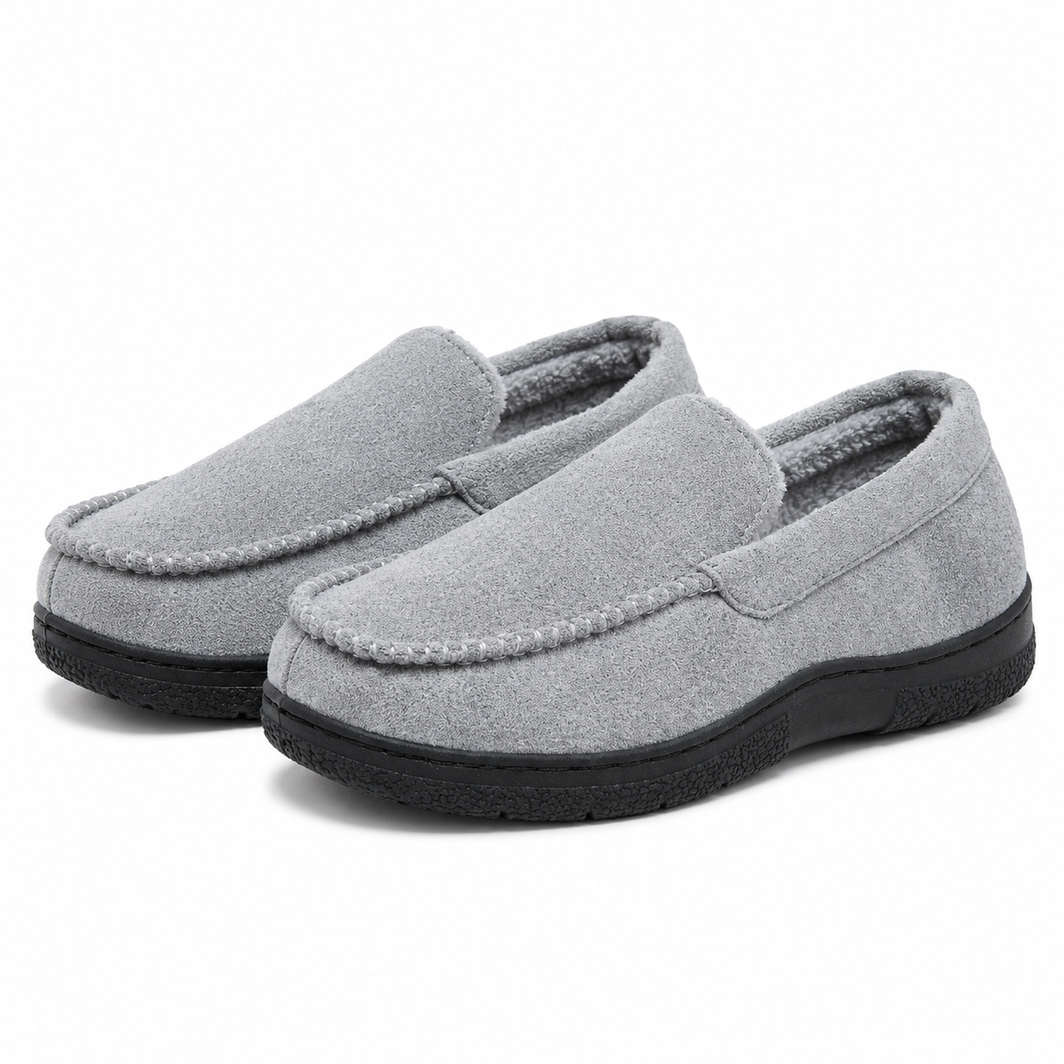 Men's wide-fit moccasin slippers in a suede look with a fleece lining in grey