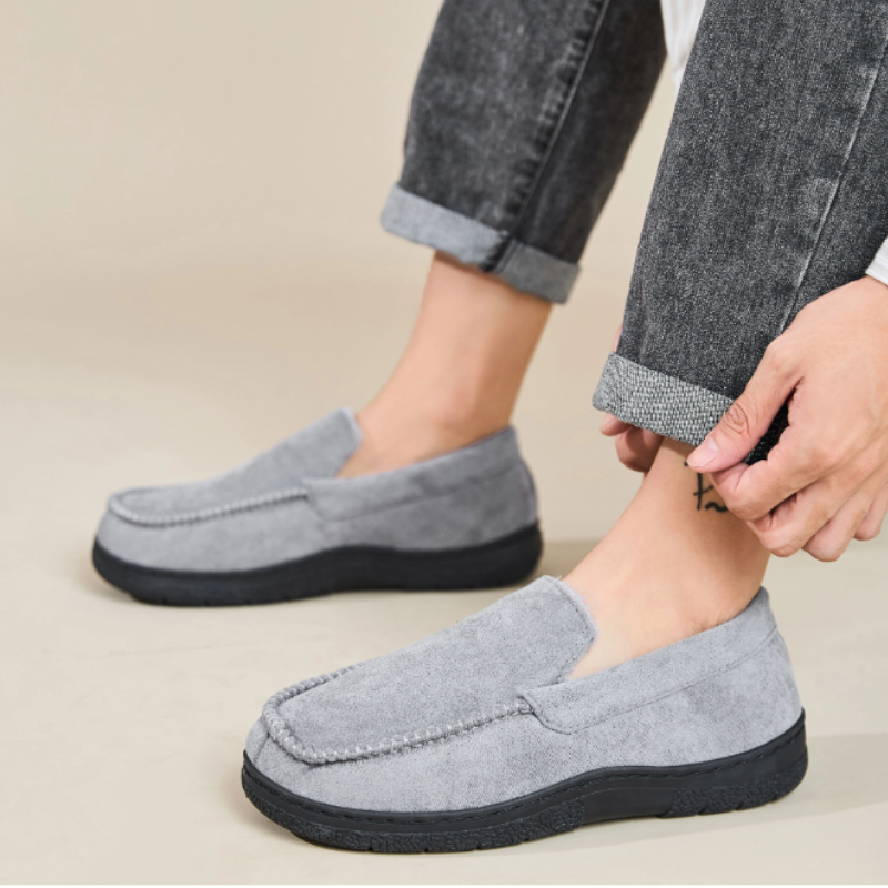 Men's wide-fit moccasin slippers in a suede look with a fleece lining