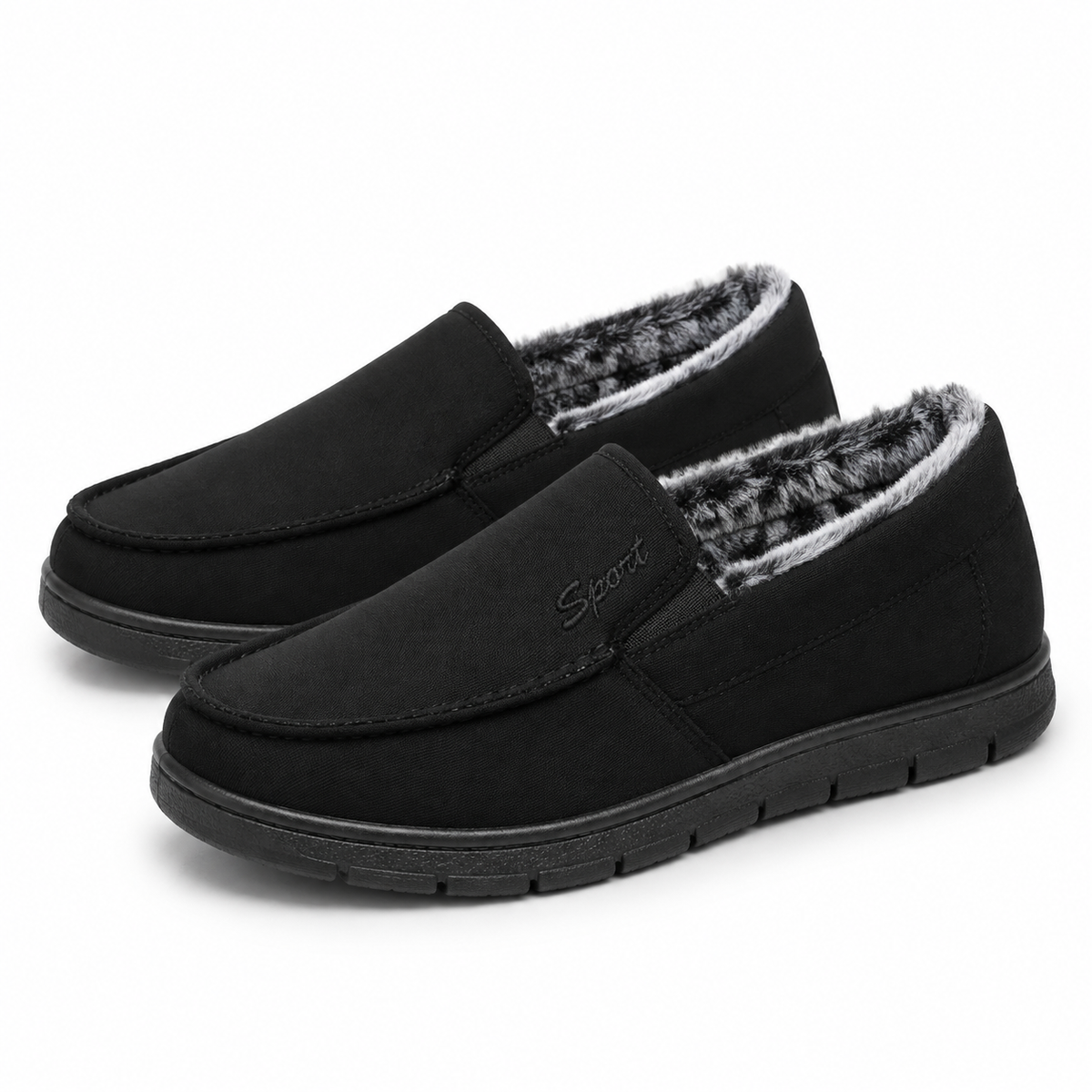 Fleece-lined slip-on loafers in black with a flat tread sole in black