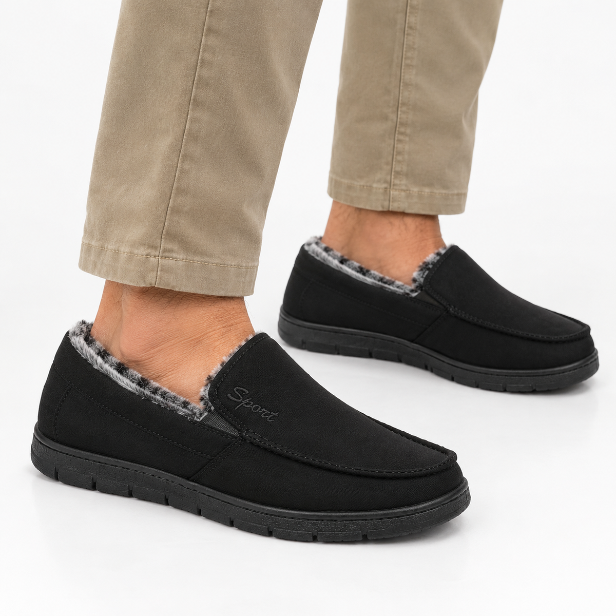 Fleece-lined slip-on loafers in black with a flat tread sole