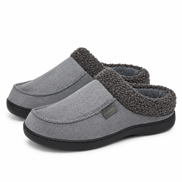 Men's mule slippers with a curly fleece collar and a thick cushioned sole in grey